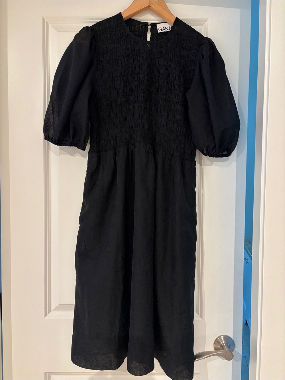 Ganni Black Smocked Bodice Puff Sleeve Dress